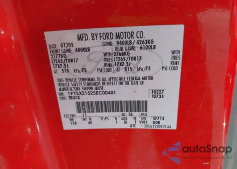 2005 Ford F-250 Lariat/Xl/Xlt z USA, uszkodzony, nr VIN 1FTSX21525EC00401